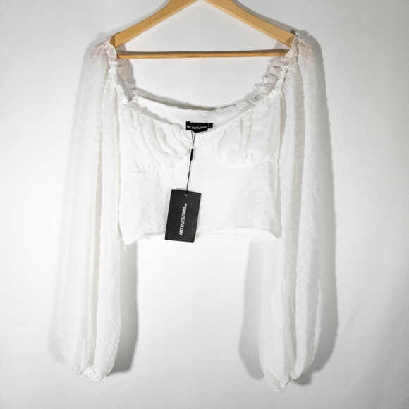 ✅️ Pretty Little Thing White Dobby Mesh Cup Detail Long Sleeve Crop Top - Picture 3 of 8